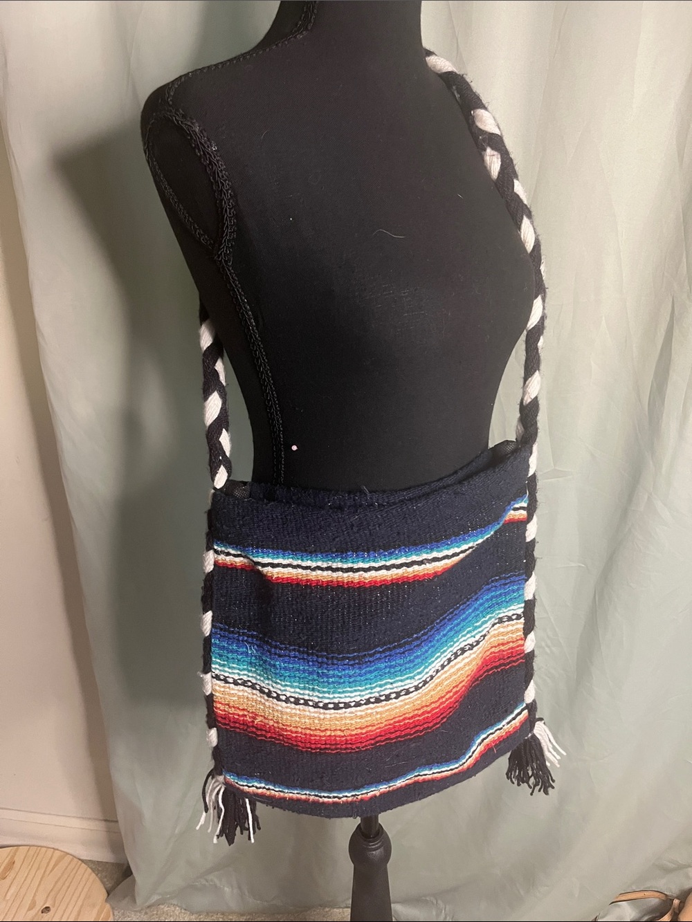 Handwoven Navy Striped Crossbody Bag with Multicolor Accents